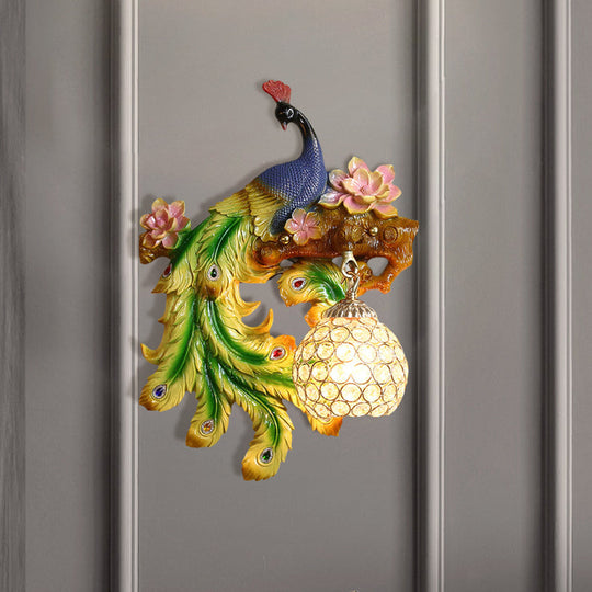 Traditional Blue-Green Bedroom Sconce With Peacock And Flower Design Single Head Wall Lighting