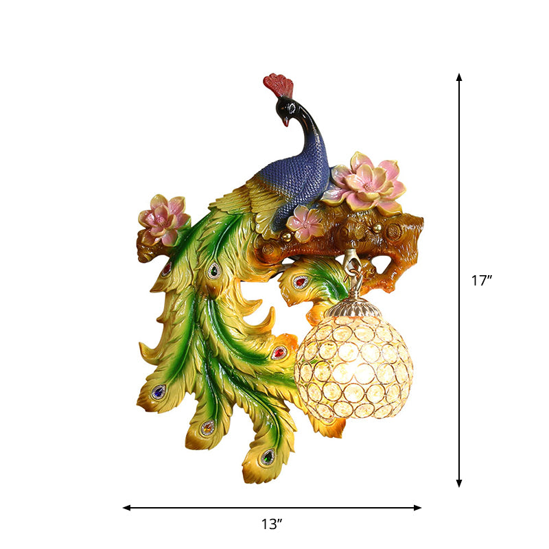 Traditional Blue-Green Bedroom Sconce With Peacock And Flower Design Single Head Wall Lighting