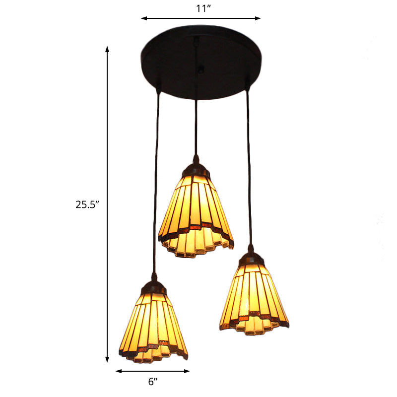 Tiffany-Style Conical Pendant Light With 3 Bulbs In Beige For Hallway