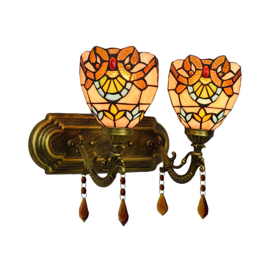 Tiffany Stained Glass Wall Sconce With Pink/Brown/Orange Crystal Accents - 2-Light Bowl Lighting
