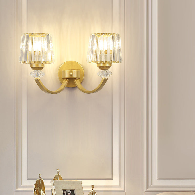 Modern Crystal Wall Lamp: Clear Barrel With Curved Arm In Black/Gold - 1/2-Light Mounted Lighting