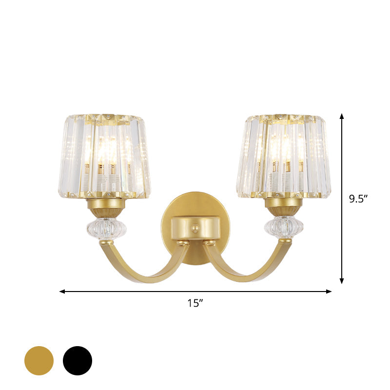 Modern Crystal Wall Lamp: Clear Barrel With Curved Arm In Black/Gold - 1/2-Light Mounted Lighting