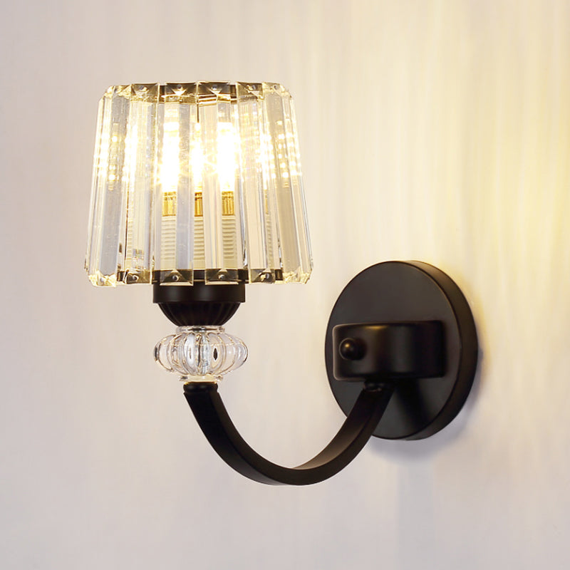 Modern Crystal Wall Lamp: Clear Barrel With Curved Arm In Black/Gold - 1/2-Light Mounted Lighting