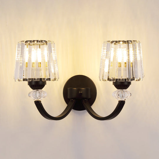 Modern Crystal Wall Lamp: Clear Barrel With Curved Arm In Black/Gold - 1/2-Light Mounted Lighting