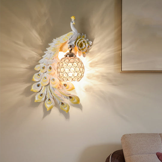 Modern Resin Flower And Peacock Wall Lamp - Dining Room Fixture With Clear K9 Crystal Shade In