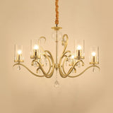 Minimalist Clear Glass Cylinder Suspension Lamp - 6 Head Gold Chandelier With Crystal Droplets