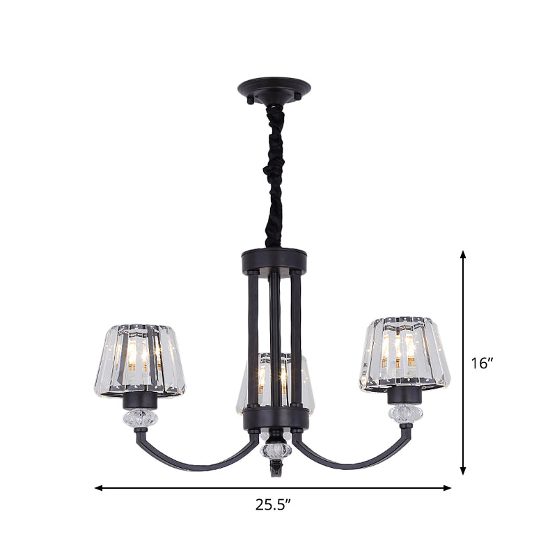 Modernist Cone Ceiling Pendant Chandelier With Crystal Rectangle In Black - 3/6 Lights For Dining