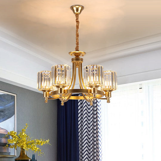 Contemporary Metal Round Chandelier - Gold Ceiling Pendant Light With Drum Crystal Prisms Shade