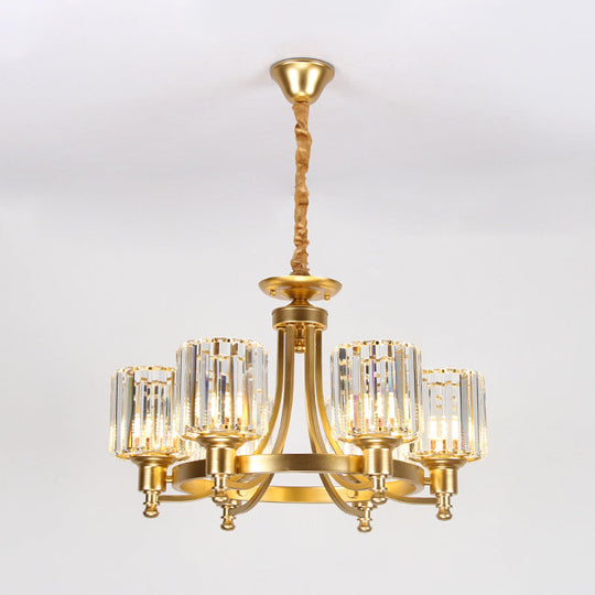 Contemporary Metal Round Chandelier - Gold Ceiling Pendant Light With Drum Crystal Prisms Shade