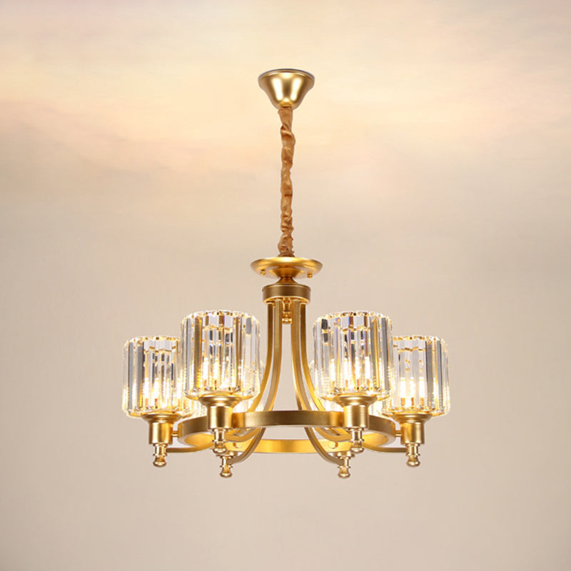 Contemporary Metal Round Chandelier - Gold Ceiling Pendant Light With Drum Crystal Prisms Shade