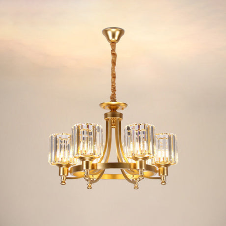 Contemporary 3/6-Bulb Metal Round Chandelier With Drum Crystal Prisms Shade - Gold Ceiling Pendant