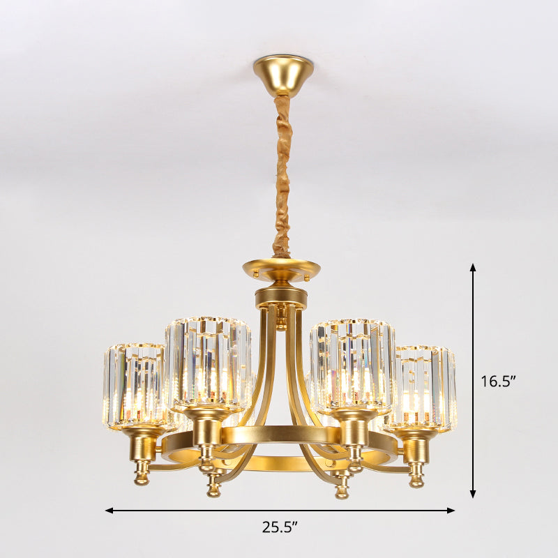 Contemporary Metal Round Chandelier - Gold Ceiling Pendant Light With Drum Crystal Prisms Shade