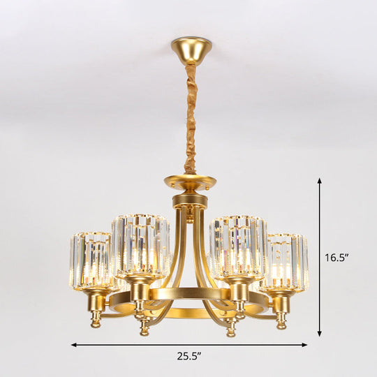 Contemporary Metal Round Chandelier - Gold Ceiling Pendant Light With Drum Crystal Prisms Shade