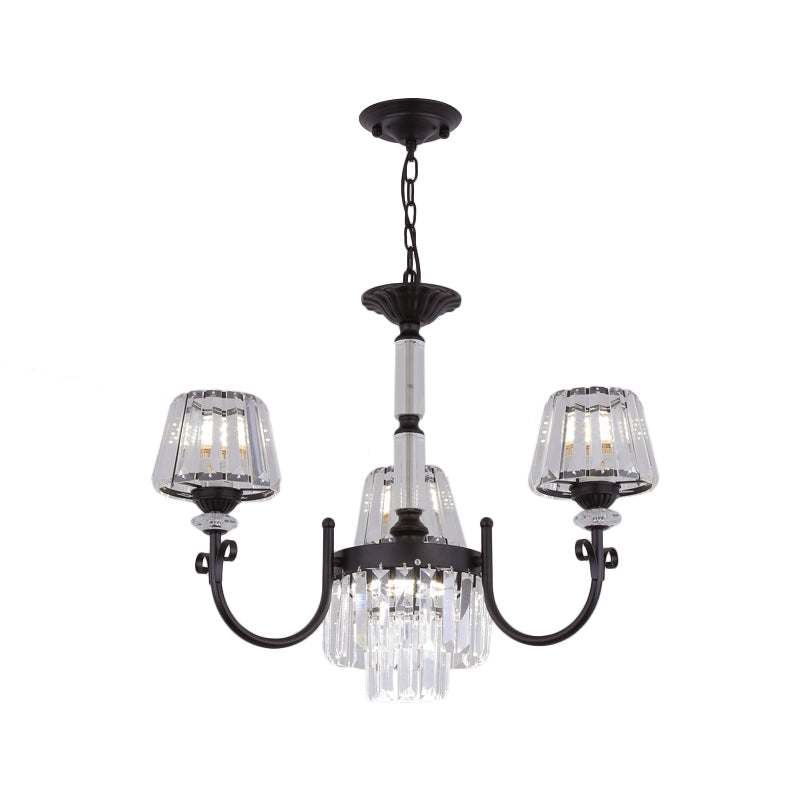 Modernist Black Conical Crystal Prisms Chandelier With Curved Arm - 3/6 Heads Drop Pendant