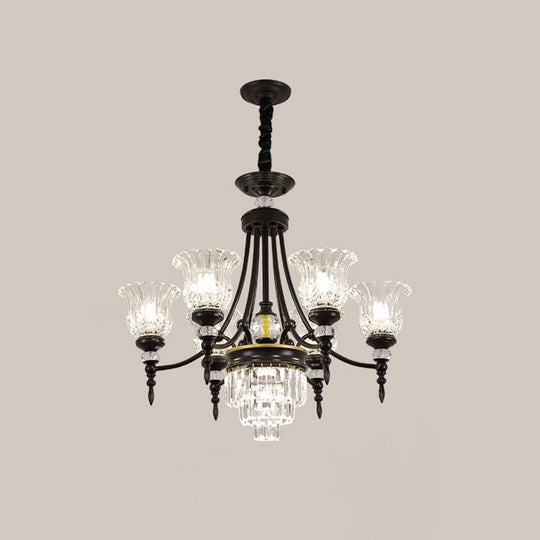 Modern 6/8 Bulbs Chandelier Black Flower Suspension Lamp With Crystal Shade