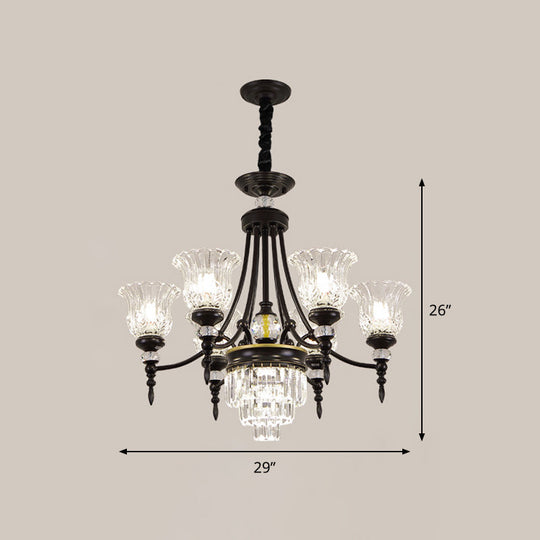 Modern 6/8 Bulbs Chandelier Black Flower Suspension Lamp With Crystal Shade