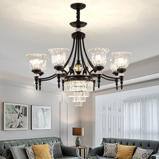 Modern 6/8 Bulbs Chandelier Black Flower Suspension Lamp With Crystal Shade
