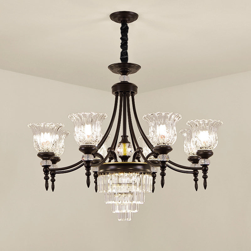 Modern 6/8 Bulbs Chandelier Black Flower Suspension Lamp With Crystal Shade