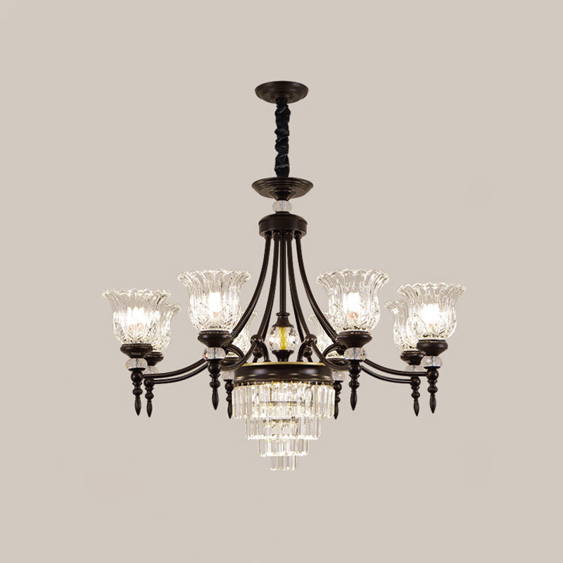 Modern 6/8 Bulbs Chandelier Black Flower Suspension Lamp With Crystal Shade
