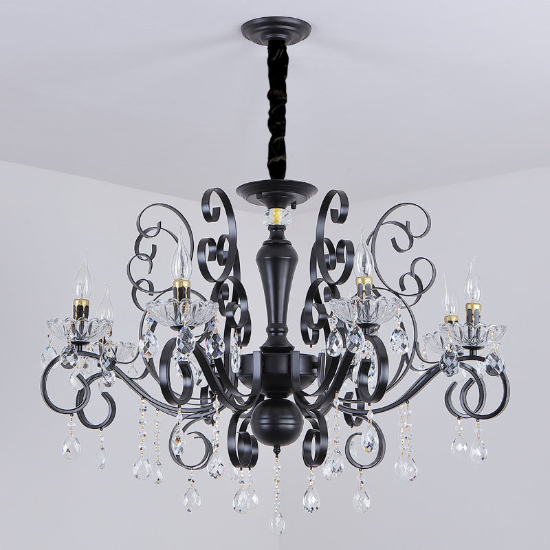 Black Chandelier With Crystal Strands - Metallic Candle Hanging Lamp Kit (6/8 Bulbs) Minimalistic
