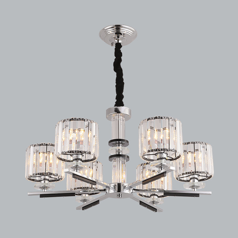 Modern Crystal Block Drum Pendant Chandelier - Black 3/6-Head Ceiling Light With Stylish Radial