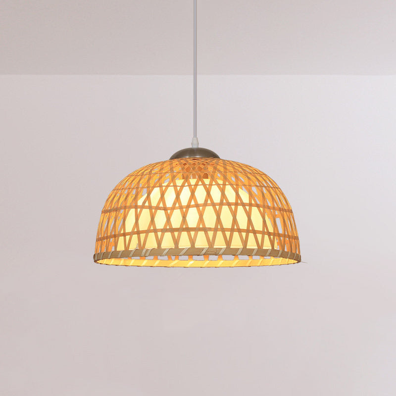 Asian Style Dome Wood Pendant Light For Restaurants - Beige
