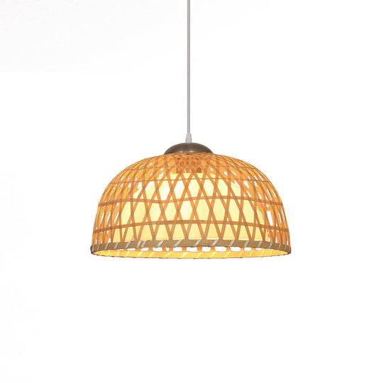 Wooden Asian Pendant Light For Restaurants - Dome Shaped Ceiling Hanging Lamp Beige 1-Light