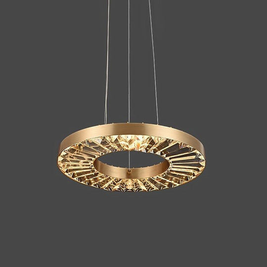 Retro Led Hanging Lamp: Gold Circle Suspension Lighting With Prismatic Crystal Shade In Warm/Natural