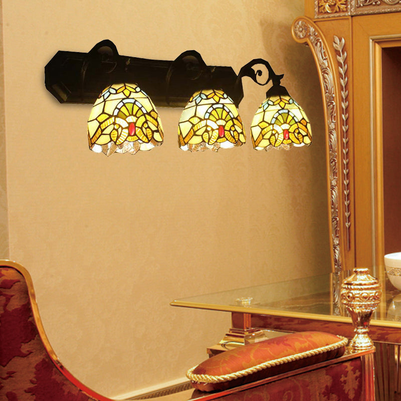 Victorian Style Stained Glass Dome Wall Sconce Lamp With Curved/Mermaid Decoration - 3 Lights Black