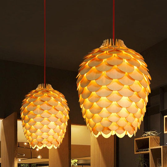 Rustic Wooden Pine Cone Suspension Light Fixture - Countryside Charm 12’/15’ Diameter 1-Light