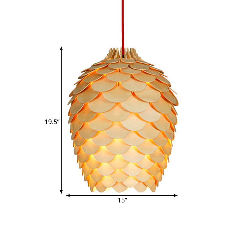 Rustic Pine Cone Hanging Light - Wooden Countryside Design 12/15 Width Beige Ideal For Dining Room