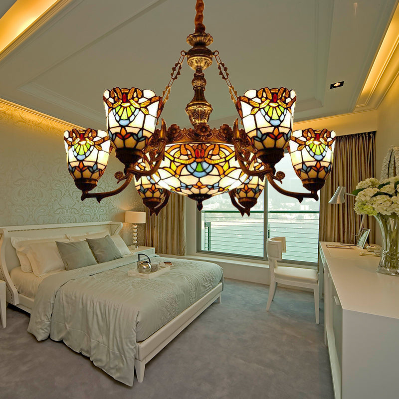 Elegant Baroque Style Dining Room Chandeliers With Art Glass Shade And Curved/Straight Arm Brown /