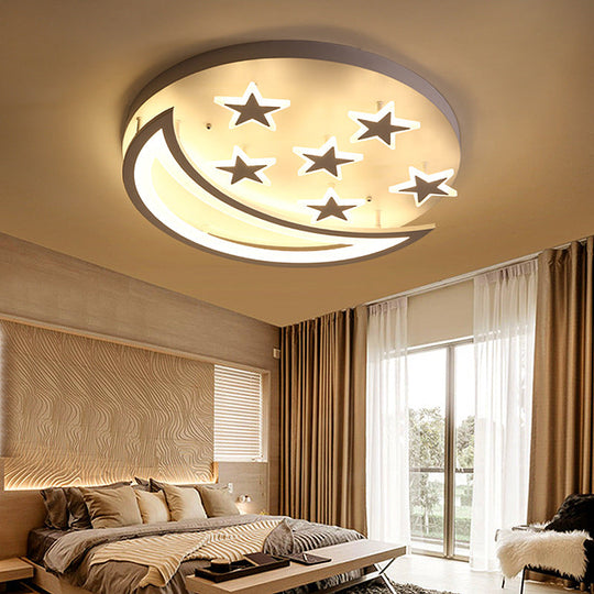 White Metal Moon And Star Flush Ceiling Light For Kids Cartoon Bedroom
