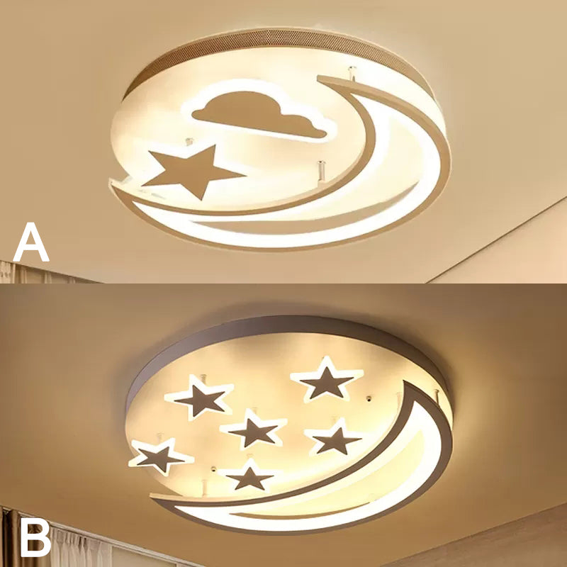 White Metal Moon And Star Flush Ceiling Light For Kid’s Cartoon Bedroom