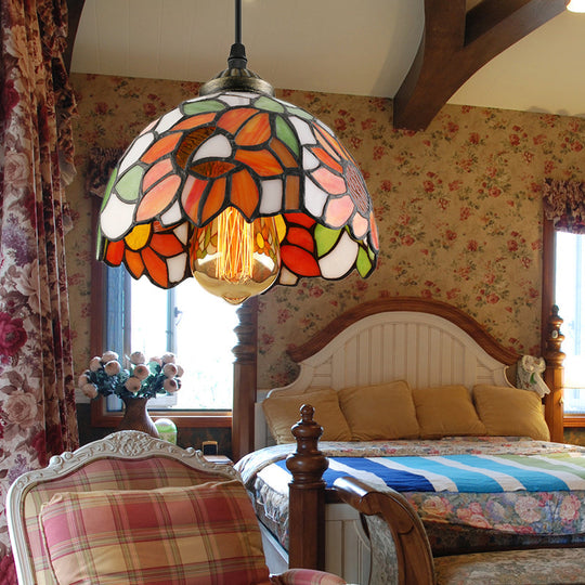 Tiffany-Style Stained Art Glass Hemisphere Pendant Lamp - Red/Orange/Green Ceiling Hanging Light