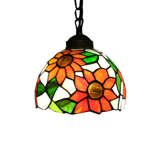 Tiffany-Style Stained Art Glass Hemisphere Pendant Lamp - Red/Orange/Green Ceiling Hanging Light