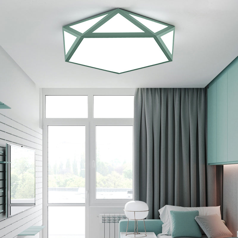 Kid Bedroom Macaron Acrylic Pentagon Ceiling Light With Metal Guard - Space-Saving Loft Mount Green