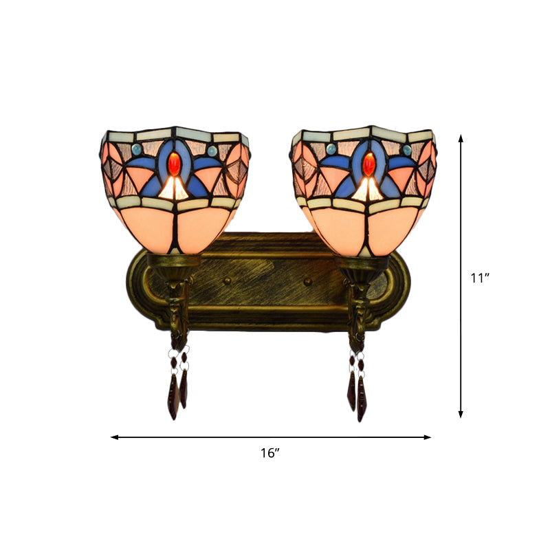 Rustic Loft Wall Sconce Lighting: Bowl Style With Crystal Decoration 2 Lights Stained Glass Lamp In