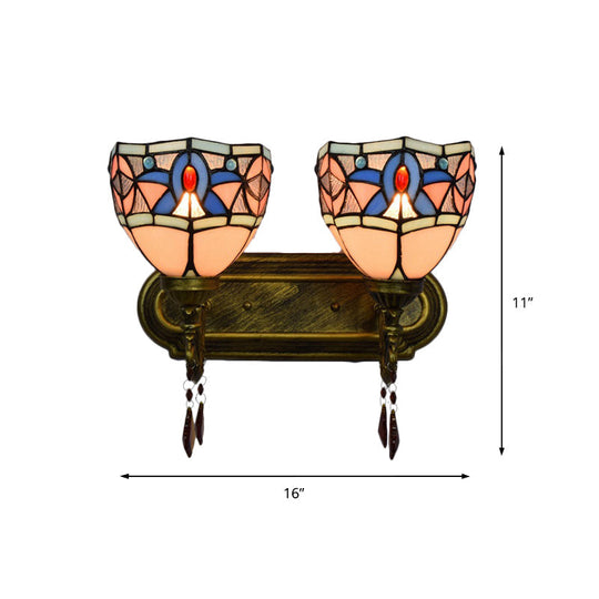 Rustic Loft Wall Sconce Lighting: Bowl Style With Crystal Decoration 2 Lights Stained Glass Lamp In