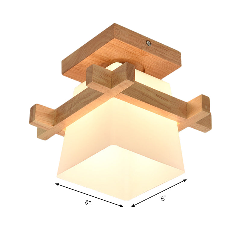 Trapezoid Opal Glass Pendant Light With Wood Deco – Japanese Style Ceiling Lamp For Bedroom