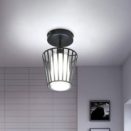 Black Metal Cage Ceiling Flush Mount Lamp With Conical/Cylindrical Shade - Simple Semi-Flushmount
