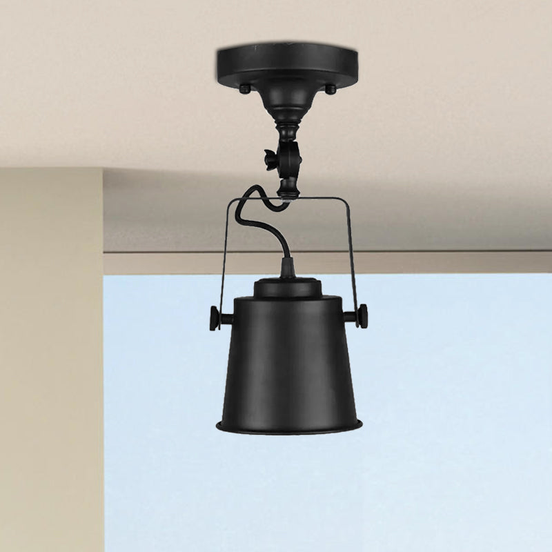 Antique Metal Bucket Shade Ceiling Lamp - Rotatable Semi Flush Pendant Light For Living Rooms 1