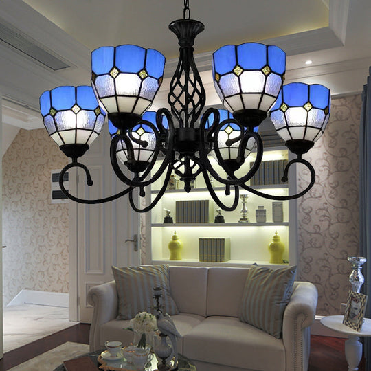 Blue Tiffany Chandelier With Art Glass Shades & Jewel Decor - 6 Light Pendant For Living Room