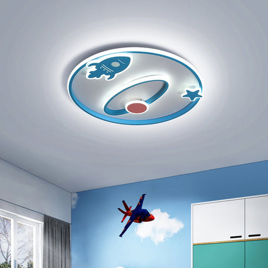Blue Cartoon Spaceship Ceiling Lamp - Led Flush Mount Acrylic Fixture For Nursery