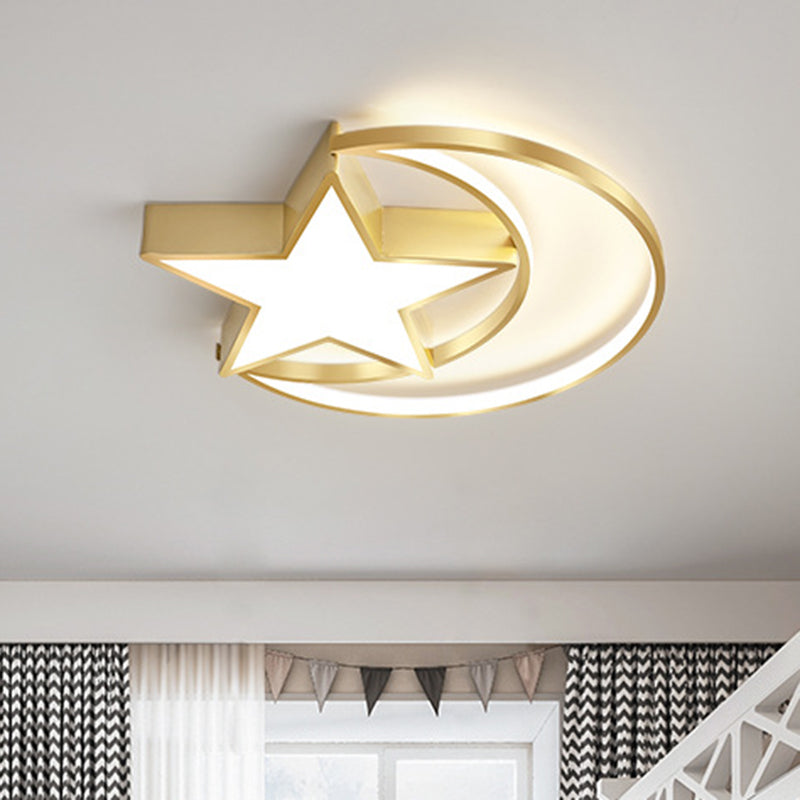 Minimalist Led Crescent And Star Metal Ceiling Lamp: Gold Flush Mount Lighting With Warm/White Light