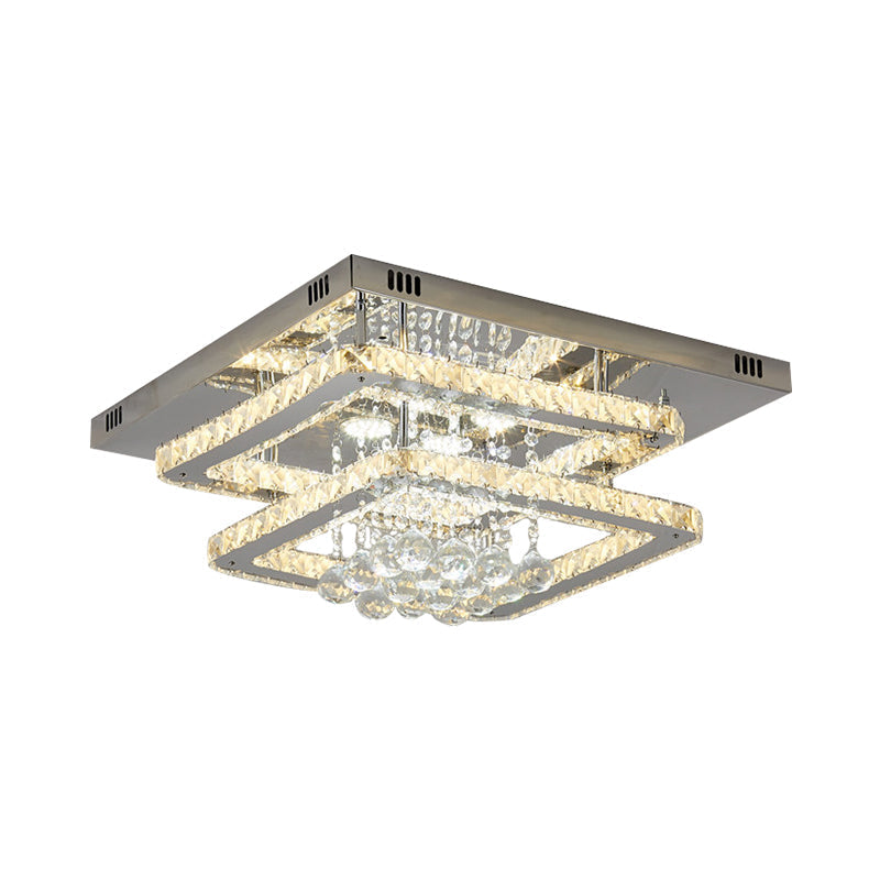 Contemporary Square 2 - Tier Led Crystal Ceiling Lamp - Chrome Flush Light For Bedroom