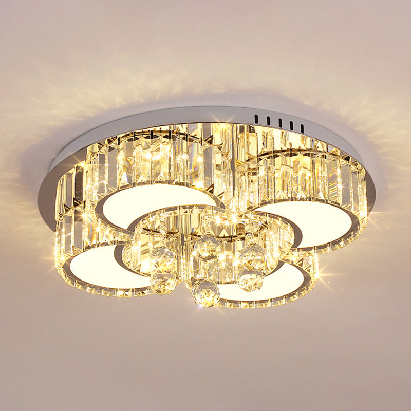 Modern Chrome Led Floral Ceiling Light With Faceted Crystal 18 - 19.5’ Width