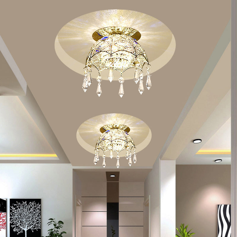 Modern Led Ceiling Lamp With Crystal Shade – Chrome Scalloped Dome Flush Mount Light In