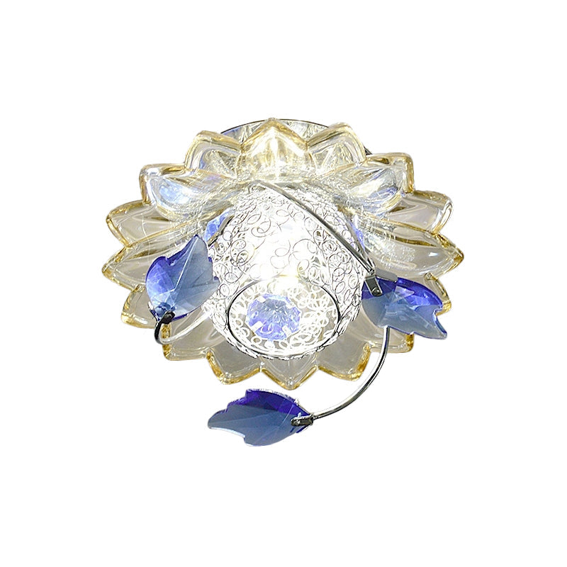 Modern Globe Flush Mount Ceiling Light With Crystal Maple Leaf Deco - Blue/Tan Warm/White 1 Bulb