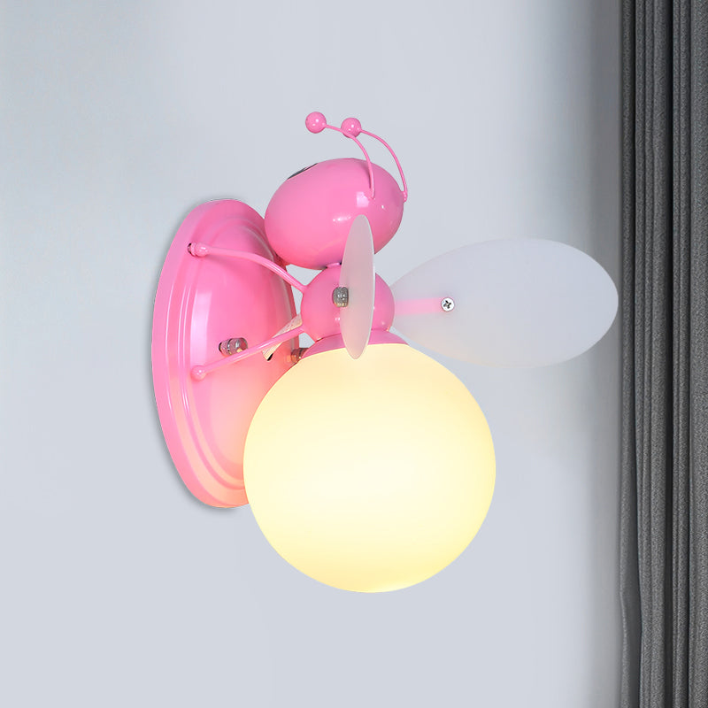 Opaline Glass Ball Wall Sconce With Bee Design - Pink/Yellow Cartoon Lamp 1 Light Pink